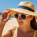 **

"A traveler applying sunscreen while wearing a hat and sunglasses on a sunny Maltese beach, emphasizing sun protection."

**