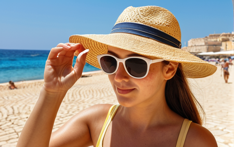 **

"A traveler applying sunscreen while wearing a hat and sunglasses on a sunny Maltese beach, emphasizing sun protection."

**